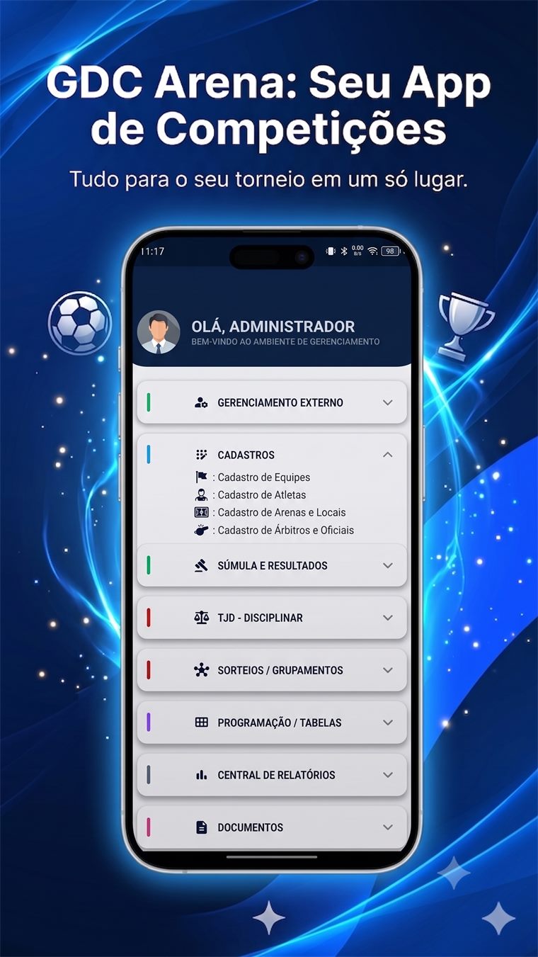 Painel de gestão do GDC Arena — ambiente do administrador